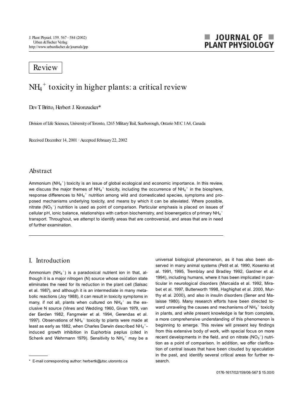 Review NH4 Toxicity in Higher Plants