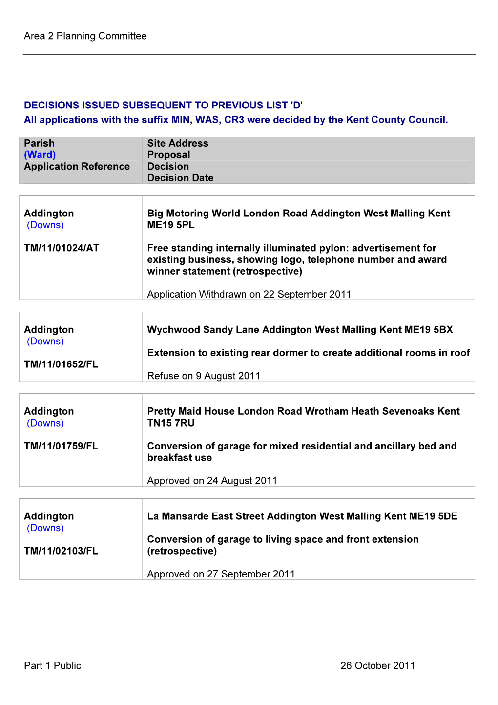 Area 2 Planning Committee Part 1 Public 26 October 2011