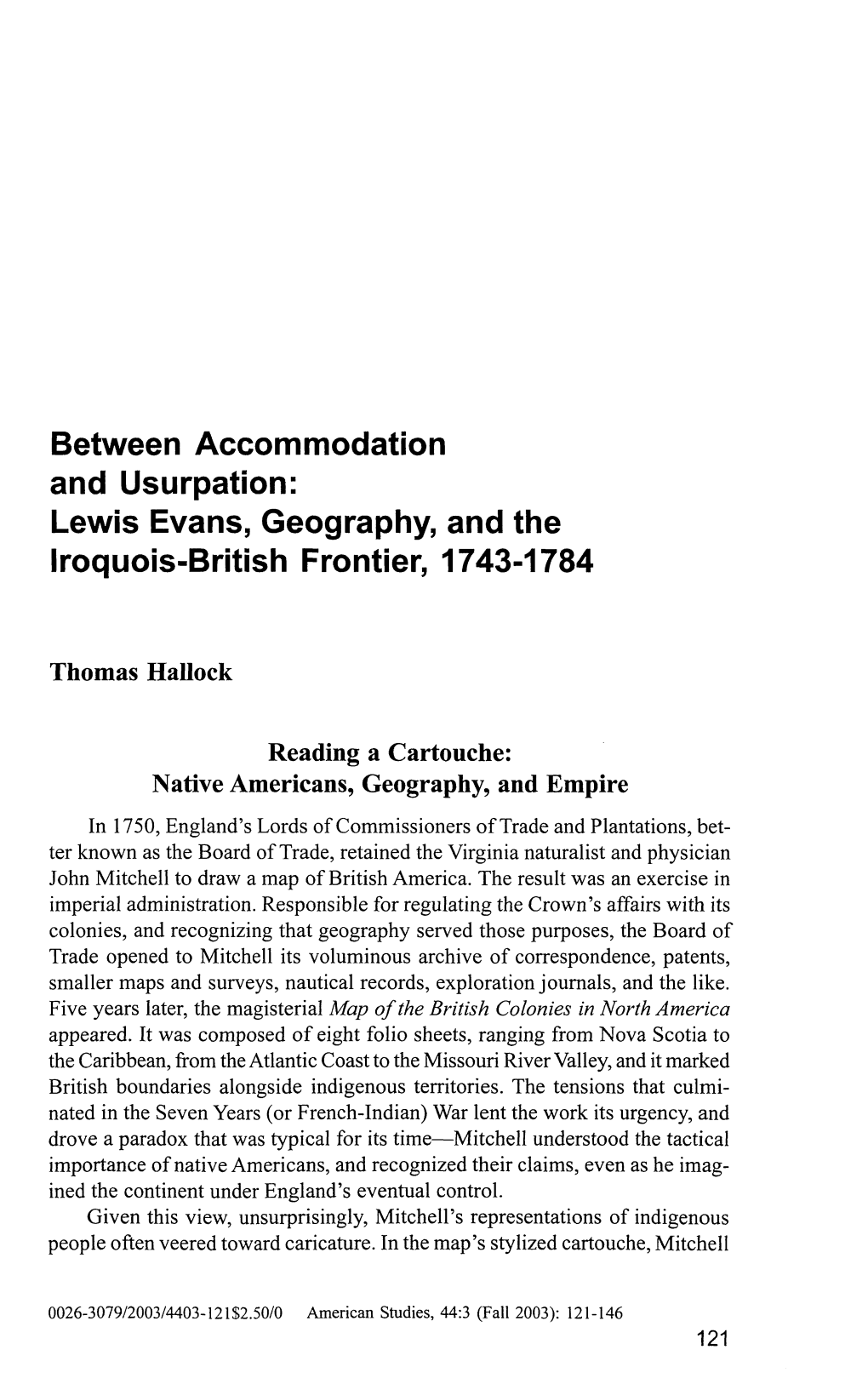 Between Accommodation and Usurpation: Lewis Evans, Geography, and the Iroquois-British Frontier, 1743-1784