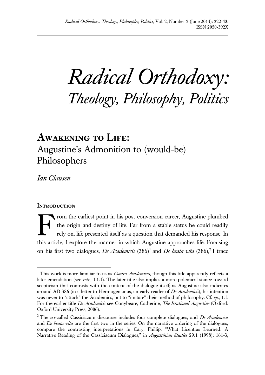 Radical Orthodoxy: Theology, Philosophy, Politics, Vol