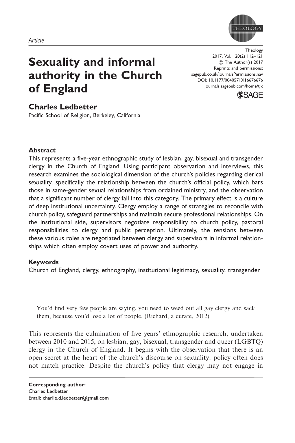 Sexuality and Informal Authority in the Church of England