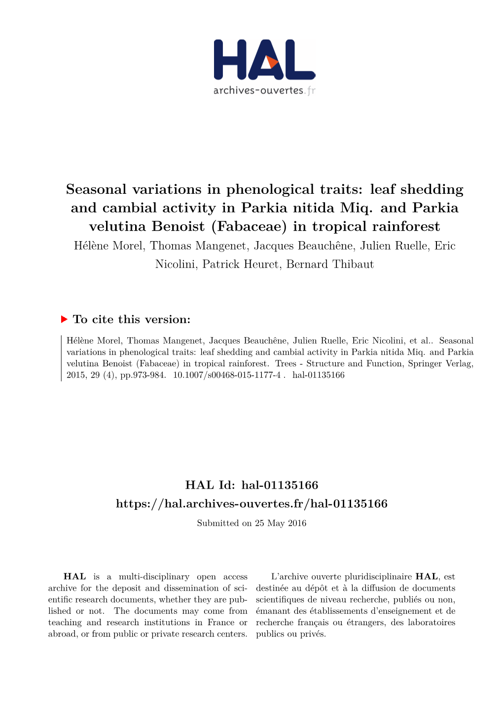 Seasonal Variations in Phenological Traits: Leaf Shedding and Cambial Activity in Parkia Nitida Miq