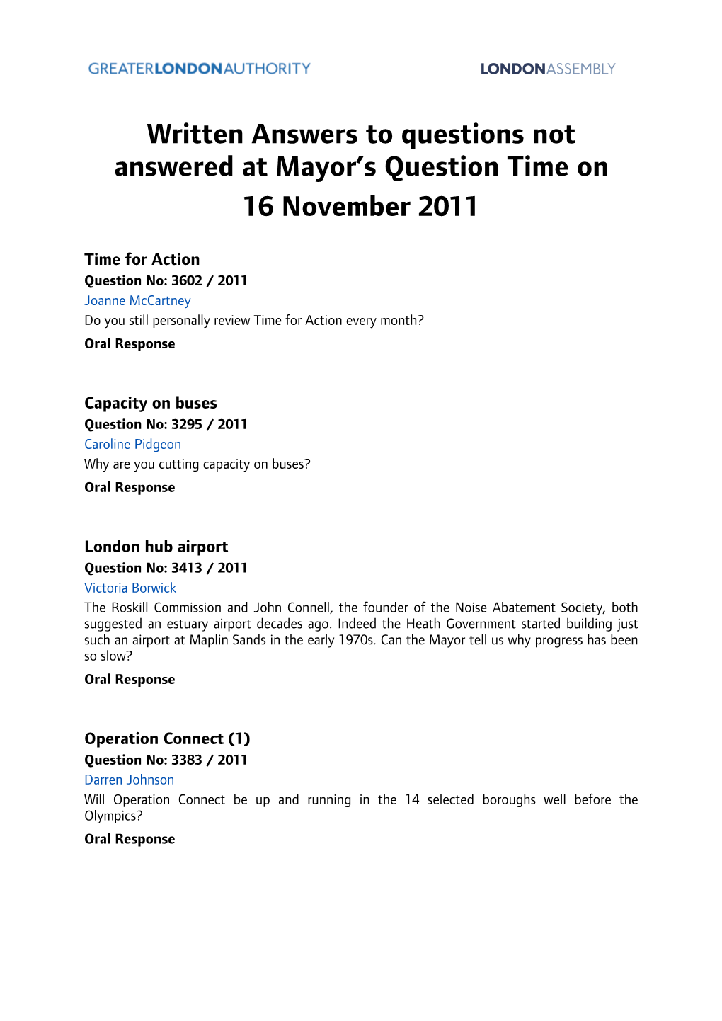 Questions to the Mayor