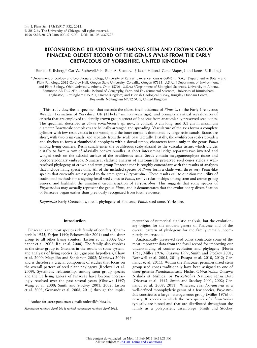 Reconsidering Relationships Among Stem and Crown Group Pinaceae: Oldest Record of the Genus Pinus from the Early Cretaceous of Yorkshire, United Kingdom