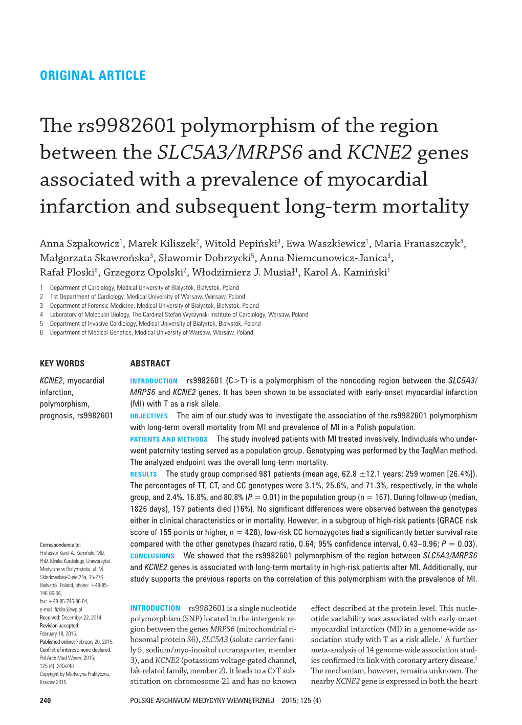 SLC5A3/MRPS6 and KCNE2 Genes Associated with a Prevalence of Myocardial Infarction and Subsequent Long-Term Mortality