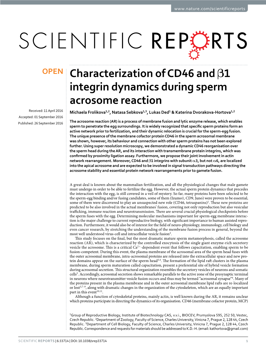 Characterization of CD46 and Β1 Integrin Dynamics During Sperm