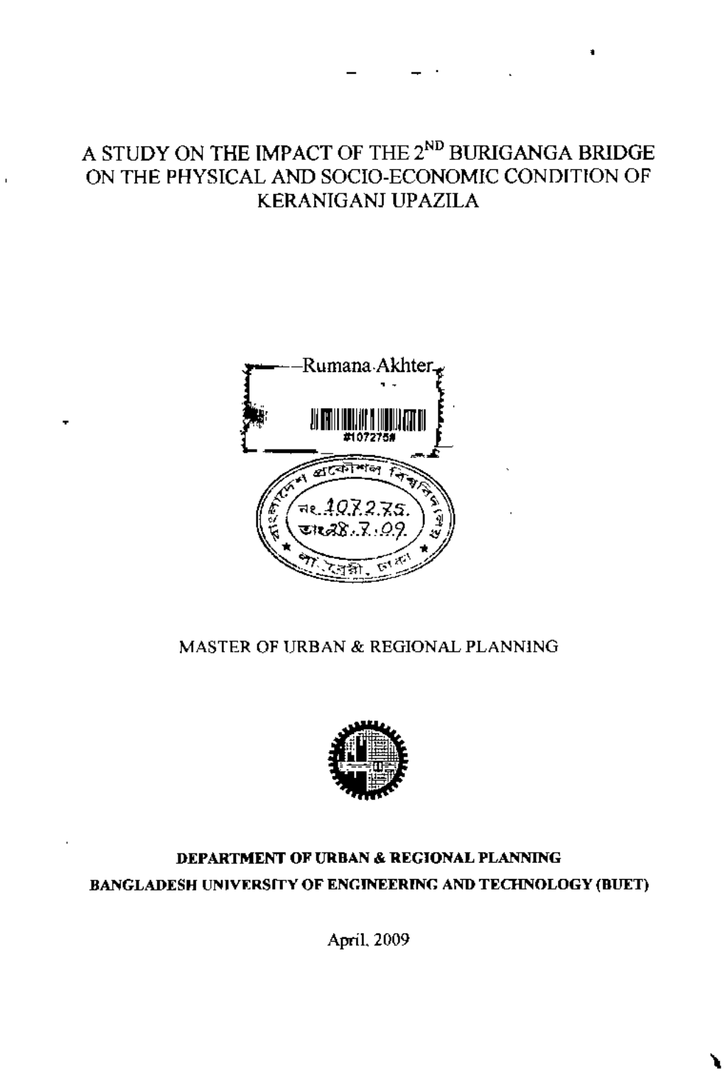 A Study on the Impact of the 2Nd Bur/Ganga Bridge on the Physical and Socio-Economic Condition of Keraniganj Upazila