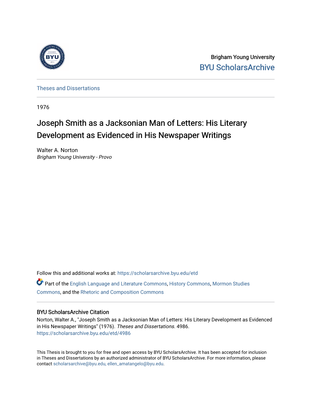 Joseph Smith As a Jacksonian Man of Letters: His Literary Development As Evidenced in His Newspaper Writings