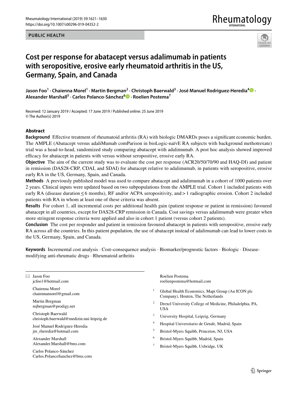 Cost Per Response for Abatacept Versus Adalimumab in Patients with Seropositive, Erosive Early Rheumatoid Arthritis in the US, Germany, Spain, and Canada