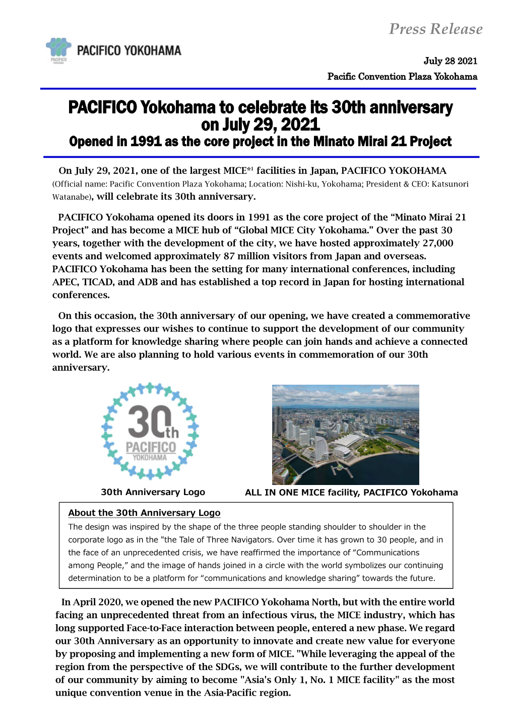 PACIFICO Yokohama to Celebrate Its 30Th Anniversary on July 29, 2021 Opened in 1991 As the Core Project in the Minato Mirai 21 Project