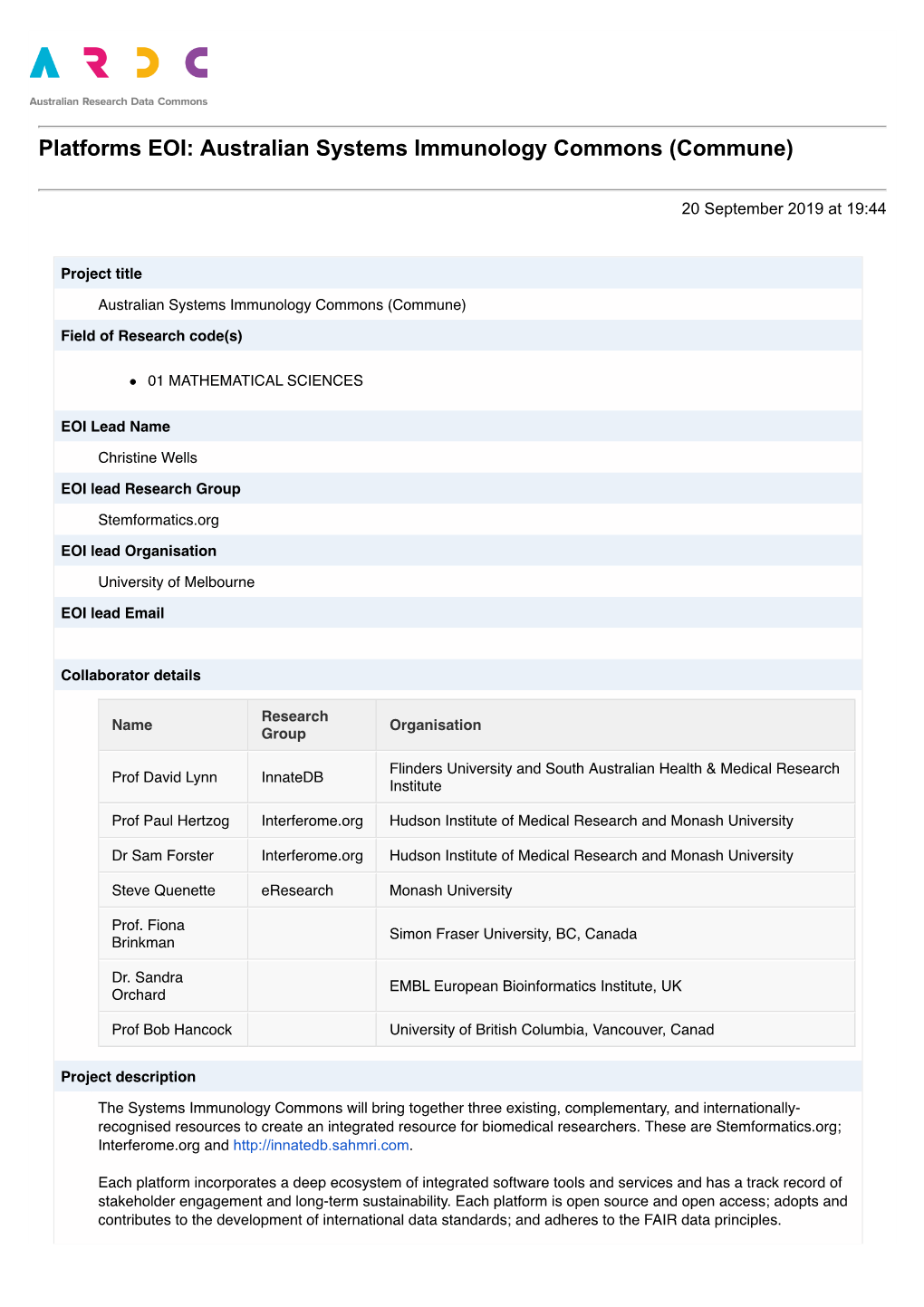 Platforms EOI: Australian Systems Immunology Commons (Commune)