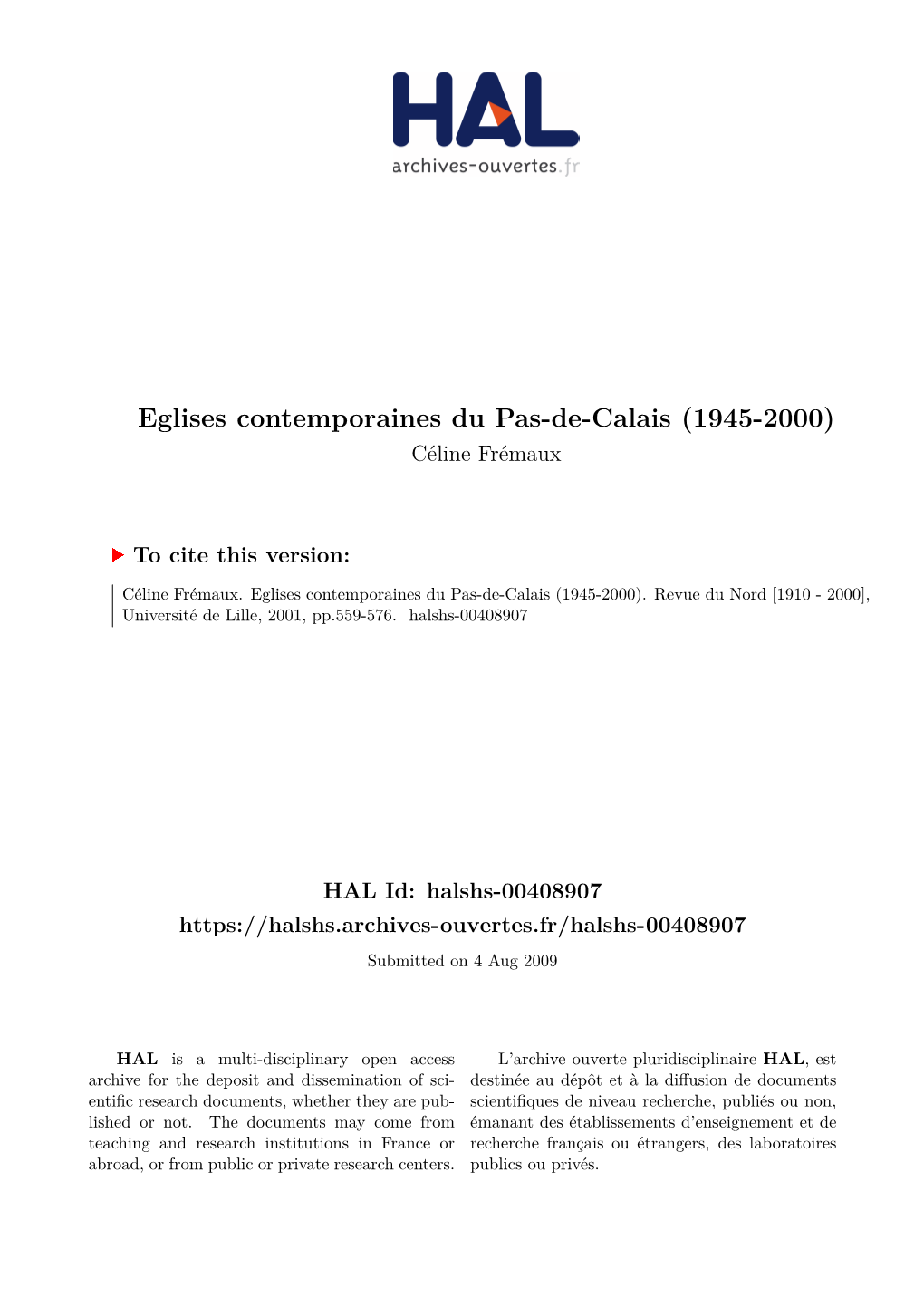 Eglises Contemporaines Du Pas-De-Calais (1945-2000) Céline Frémaux