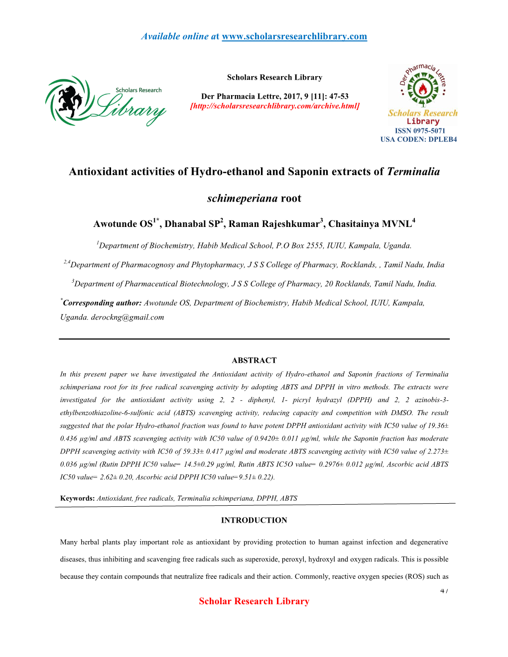 Antioxidant Activities of Hydro-Ethanol and Saponin Extracts of Terminalia