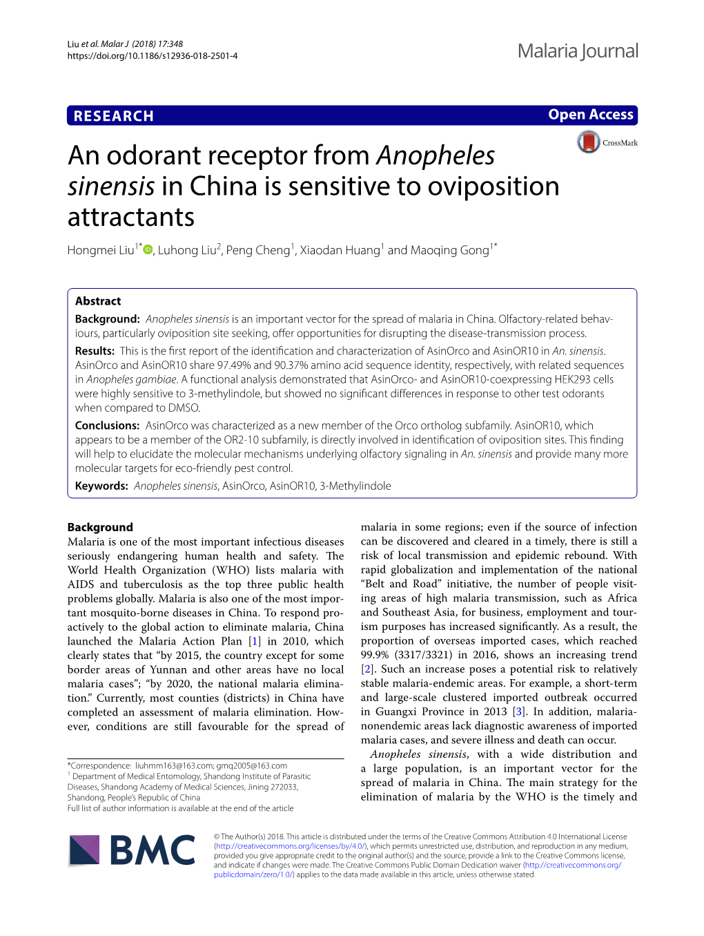 An Odorant Receptor from Anopheles Sinensis in China Is Sensitive To