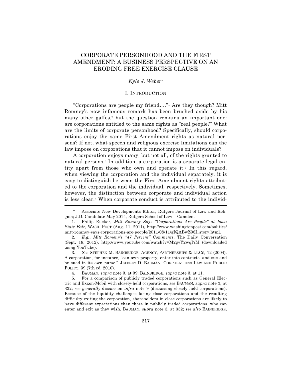 Corporate Personhood and the First Amendment: a Business Perspective on an Eroding Free Exercise Clause