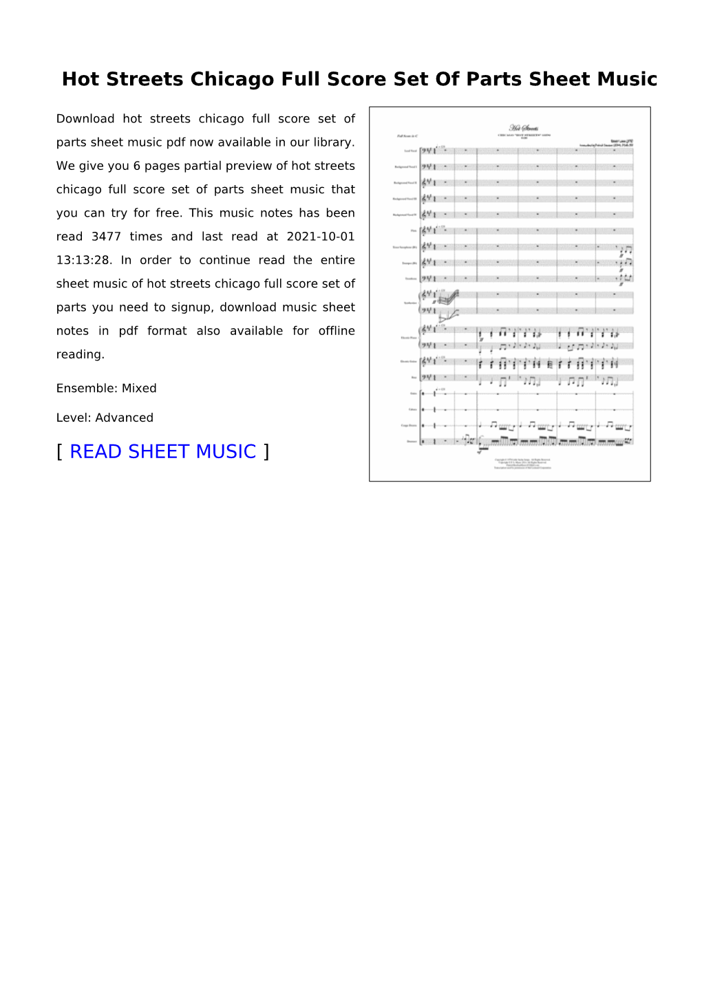 Hot Streets Chicago Full Score Set of Parts Sheet Music