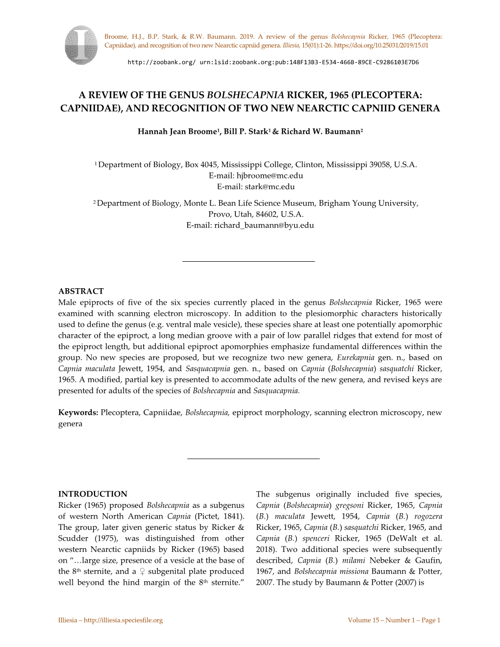 Plecoptera: Capniidae), and Recognition of Two New Nearctic Capniid Genera