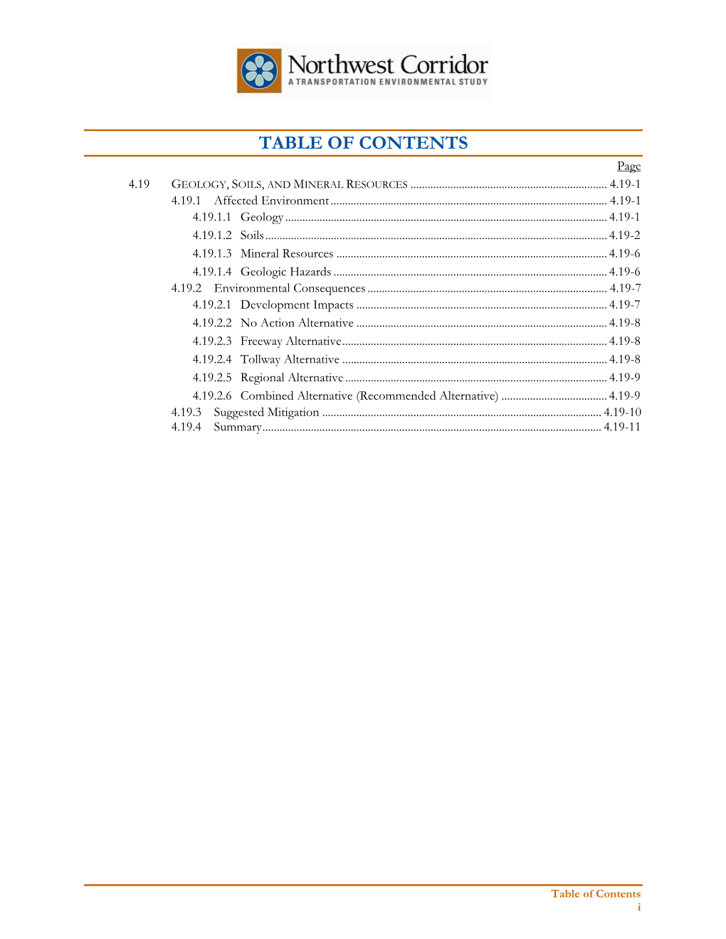 TABLE of CONTENTS Page 4.19 GEOLOGY, SOILS, and MINERAL RESOURCES