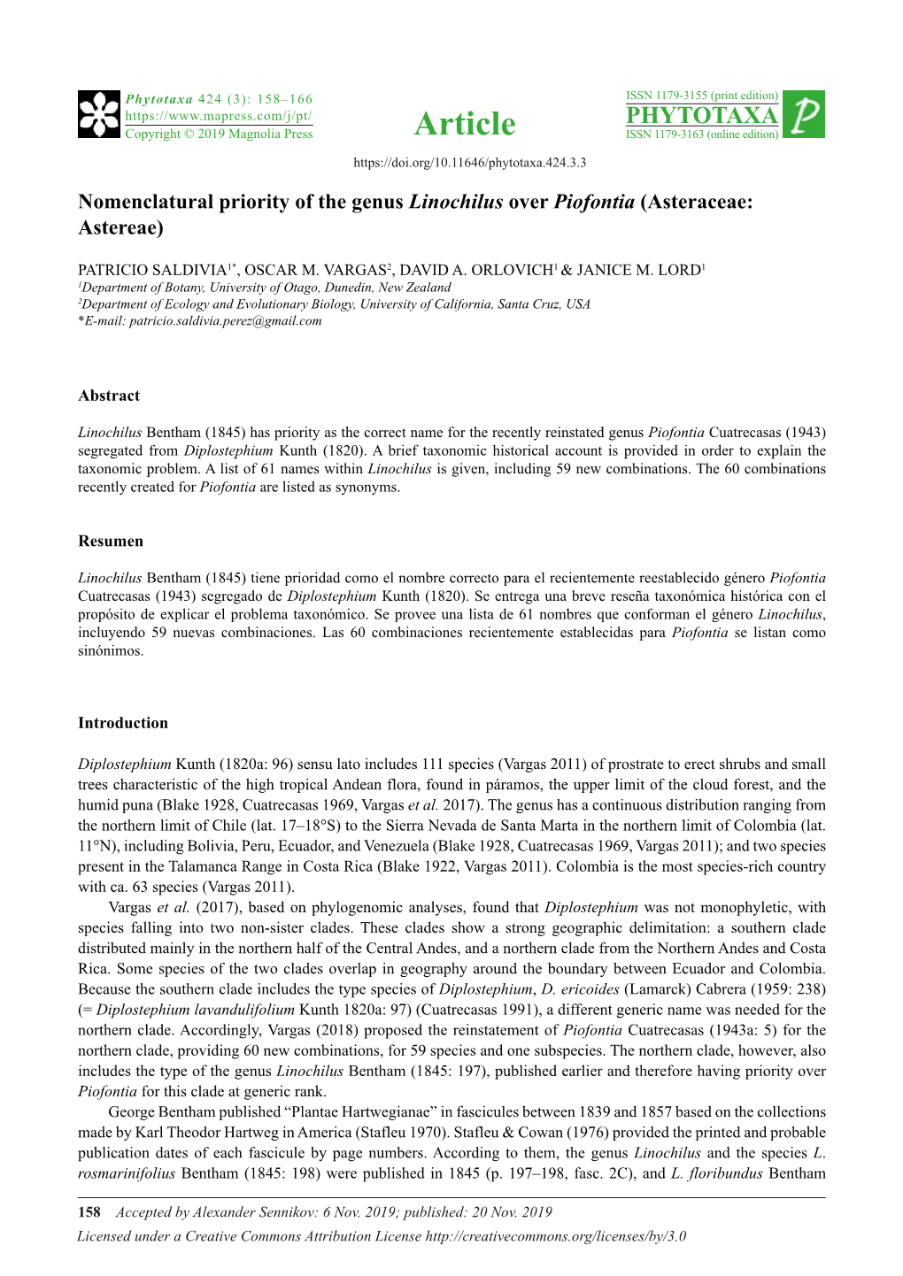 Nomenclatural Priority of the Genus Linochilus Over Piofontia (Asteraceae: Astereae)