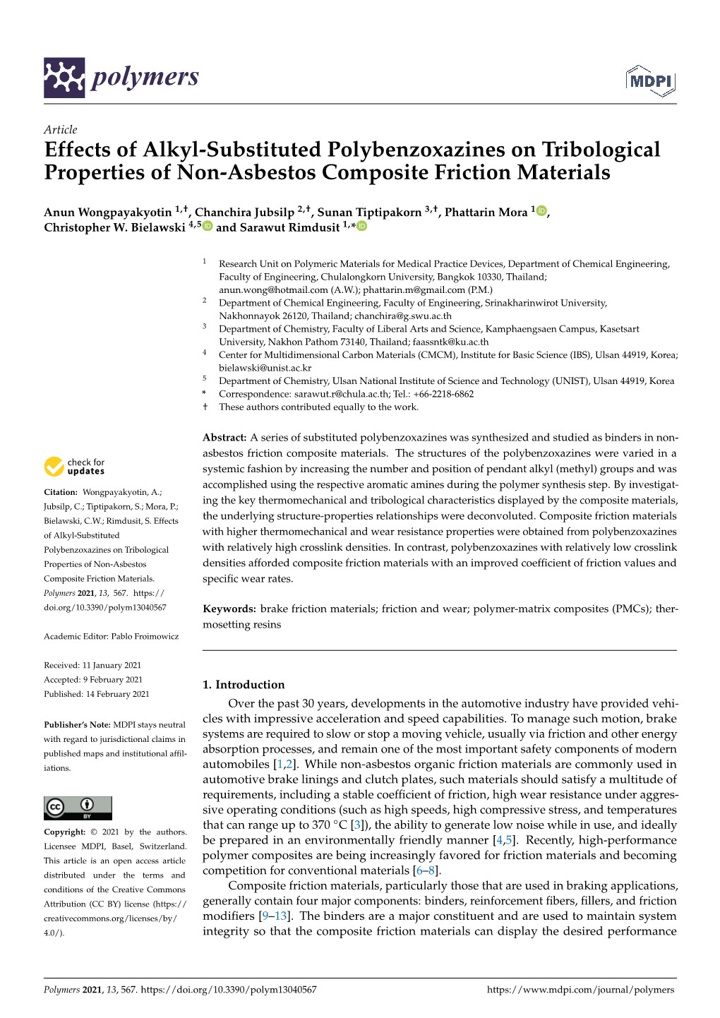 Effects of Alkyl-Substituted Polybenzoxazines on Tribological Properties of Non-Asbestos Composite Friction Materials
