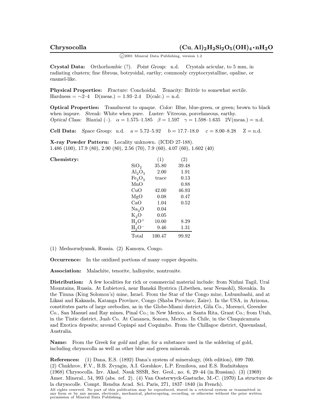 Chrysocolla (Cu; Al)2H2si2o5(OH)4 ² Nh2o C 2001 Mineral Data Publishing, Version 1.2 ° Crystal Data: Orthorhombic (?)