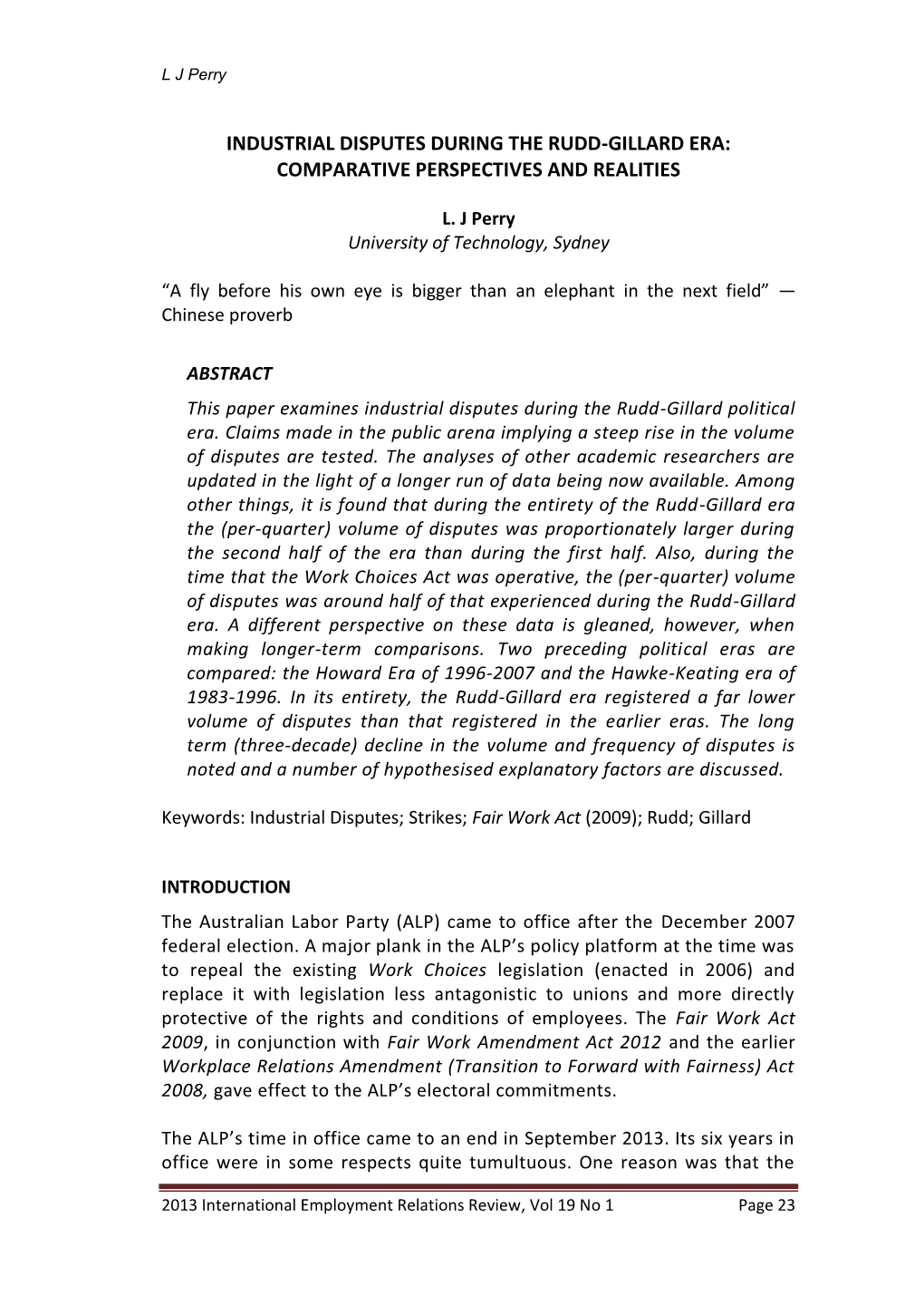 Industrial Disputes During the Rudd-Gillard Era: Comparative Perspectives and Realities