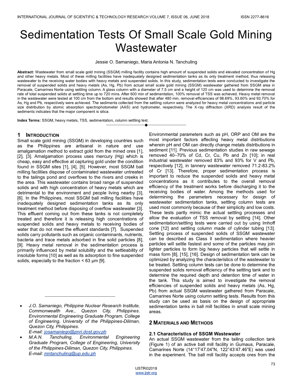 Sedimentation Tests of Small Scale Gold Mining Wastewater