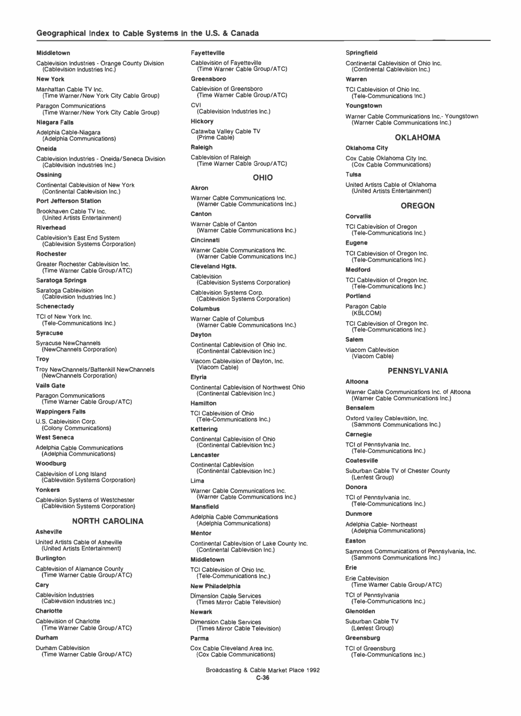 Geographical Index to Cable Systems in the US & Canada