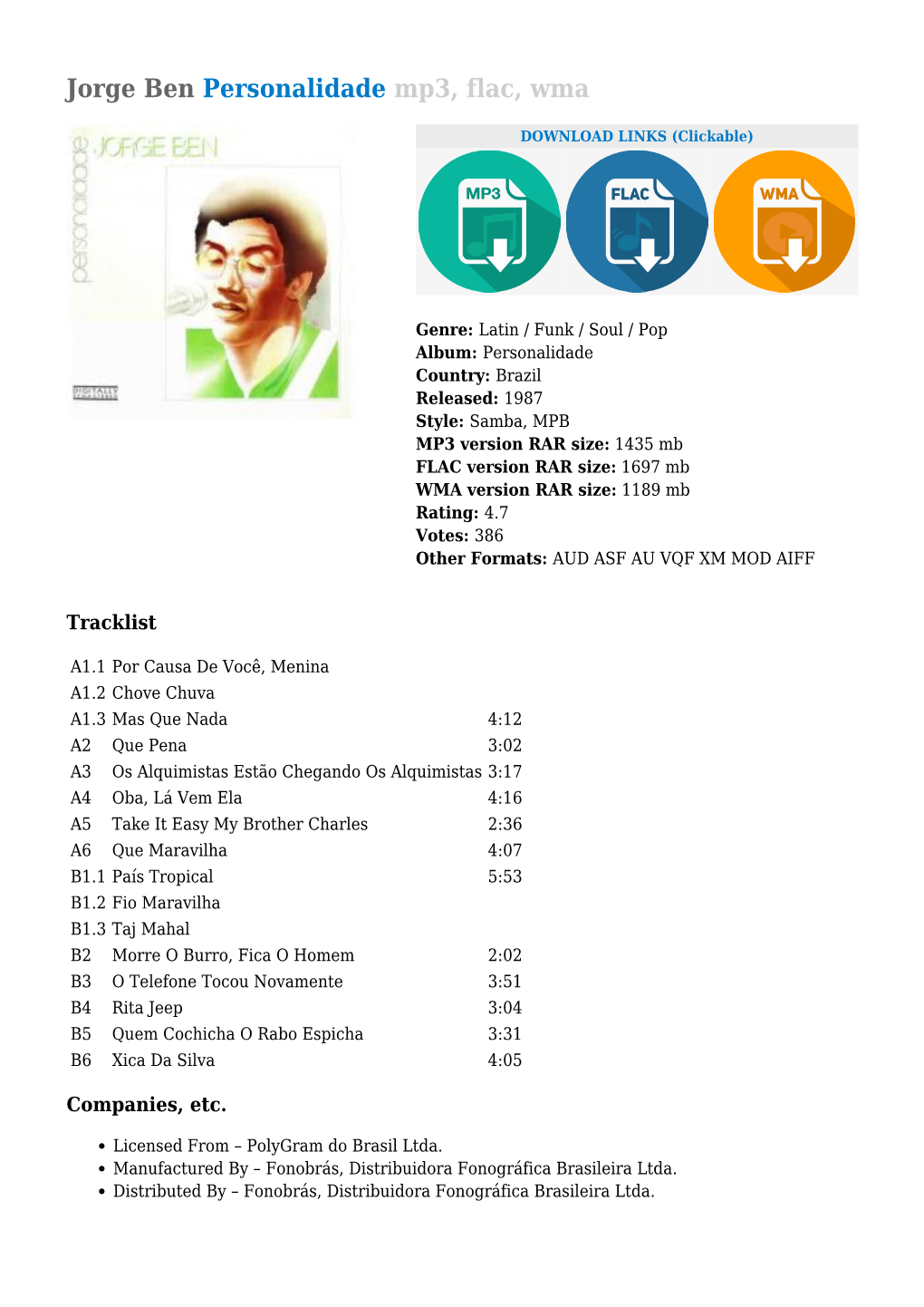 Jorge Ben Personalidade Mp3, Flac, Wma