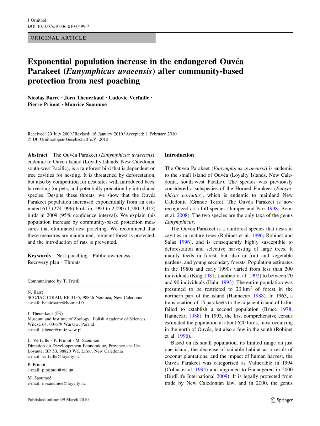 Exponential Population Increase in the Endangered Ouvéa Parakeet (Eunymphicus Uvaeensis) After Community-Based Protection From