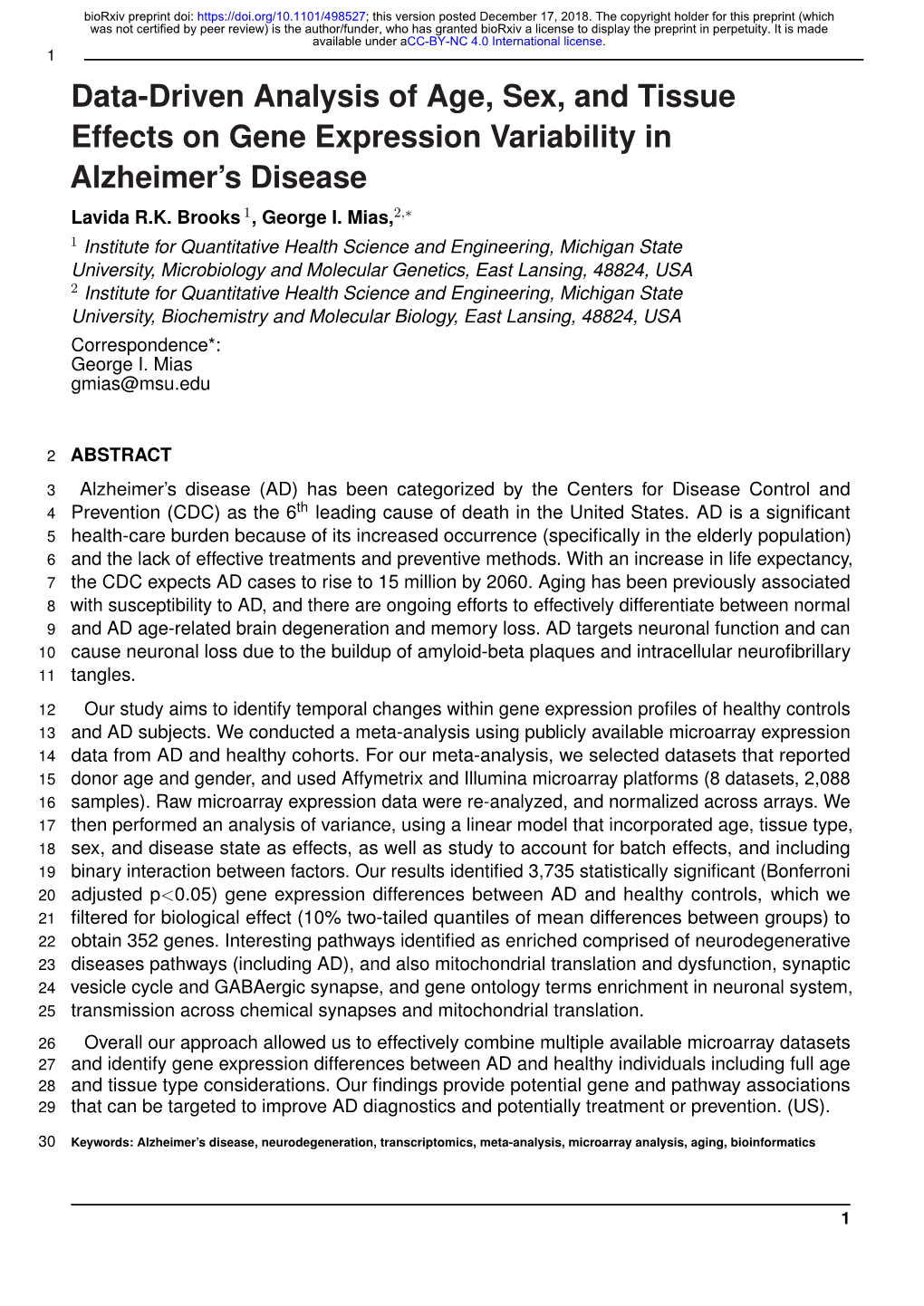 Data-Driven Analysis of Age, Sex, and Tissue Effects on Gene Expression Variability in Alzheimer’S Disease Lavida R.K