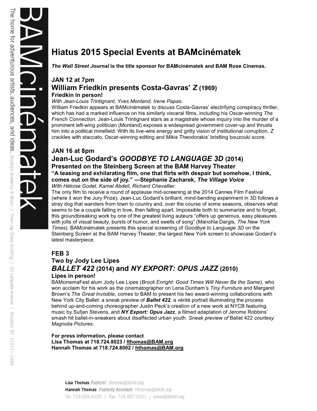 Hiatus 2015 Special Events at Bamcinématek