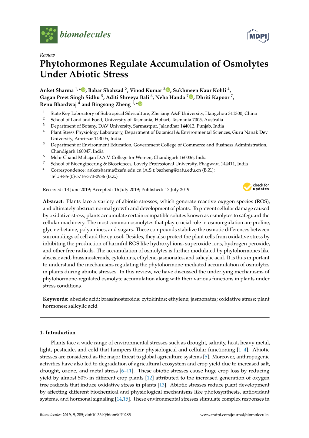 Phytohormones Regulate Accumulation of Osmolytes Under Abiotic Stress