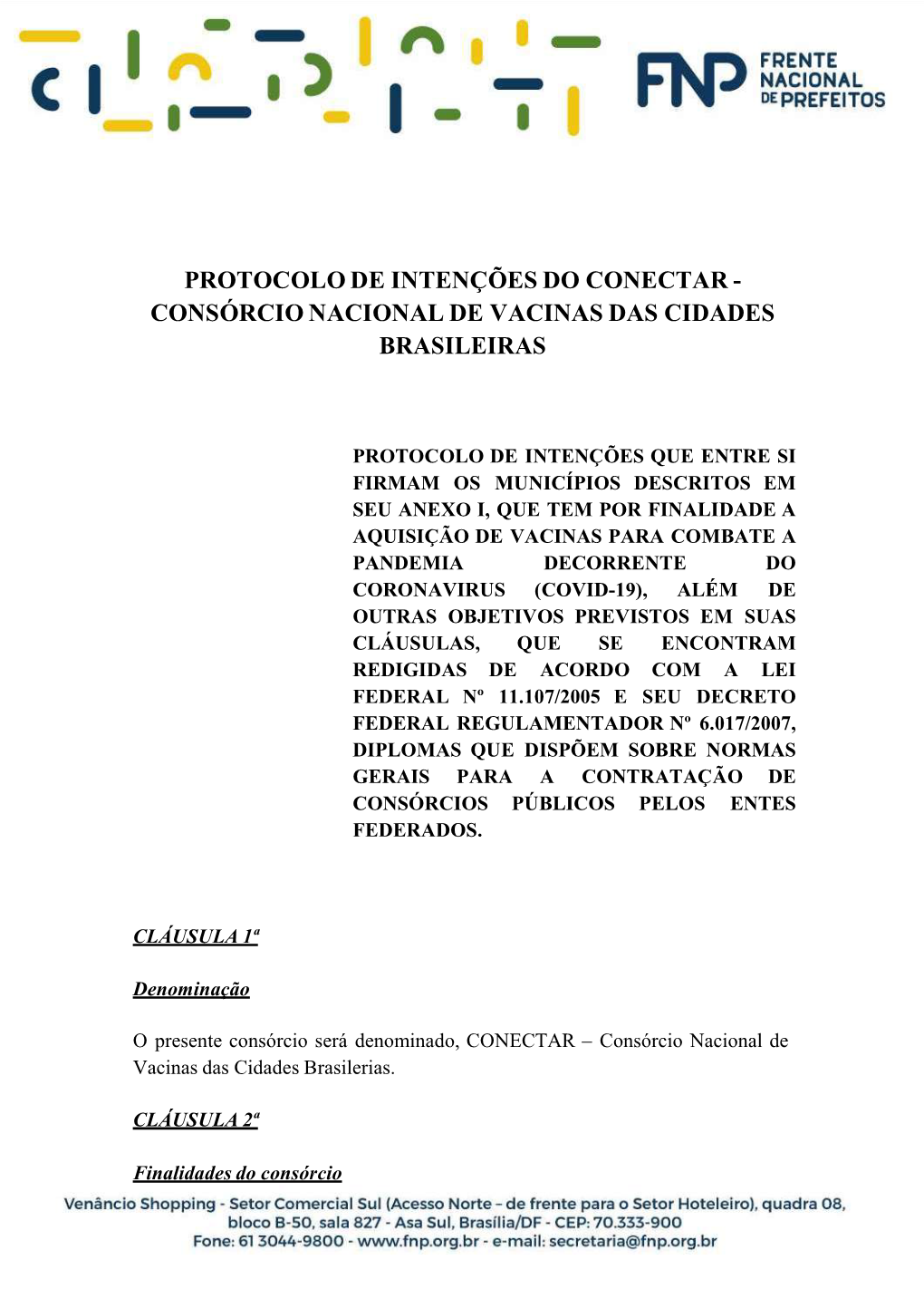 Protocolo De Intenções Do Conectar - Consórcio Nacional De Vacinas Das Cidades Brasileiras