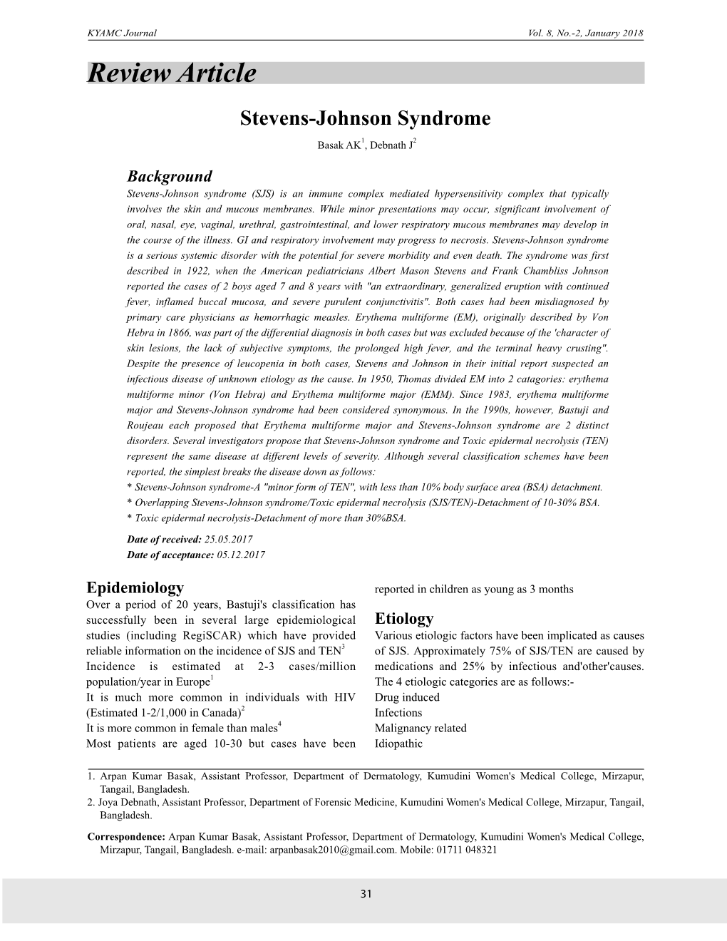Review Article Stevens-Johnson Syndrome Basak AK1, Debnath J2