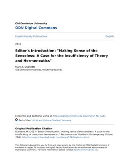 Editor's Introduction: "Making Sense of the Senseless: a Case for the Insufficiency of Theory and Hermeneutics"