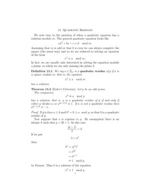 13. Quadratic Residues We Now Turn to the Question of When a Quadratic Equation Has a Solution Modulo M