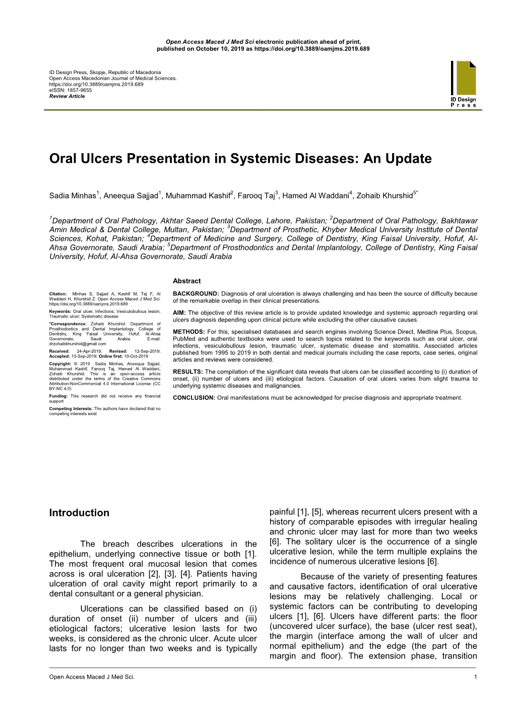 Oral Ulcers Presentation in Systemic Diseases: an Update