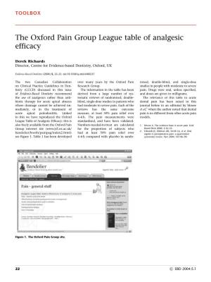 The Oxford Pain Group League Table of Analgesic Efficacy
