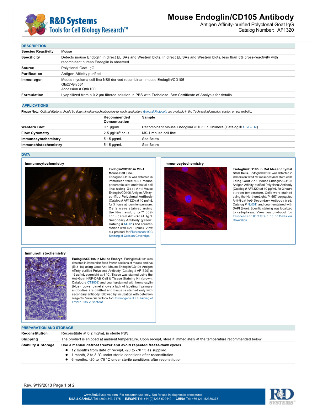 Mouse Endoglin/CD105 Antibody Antigen Affinity-Purified Polyclonal Goat Igg Catalog Number: AF1320