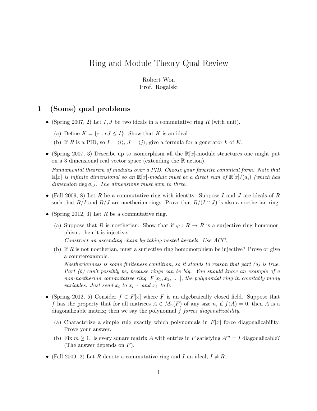 Ring and Module Theory Qual Review