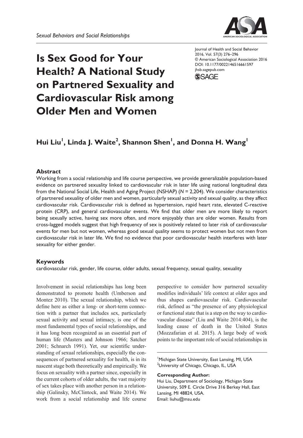 Is Sex Good for Your Health? a National Study on Partnered Sexuality and Cardiovascular Risk Among Older Men and Women