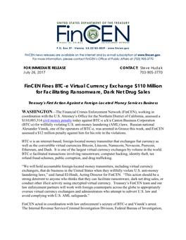 Fincen Fines BTC-E Virtual Currency Exchange $110 Million for Facilitating Ransomware, Dark Net Drug Sales