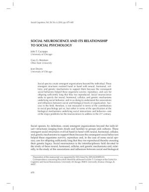Social Neuroscience and Its Relationship to Social Psychology