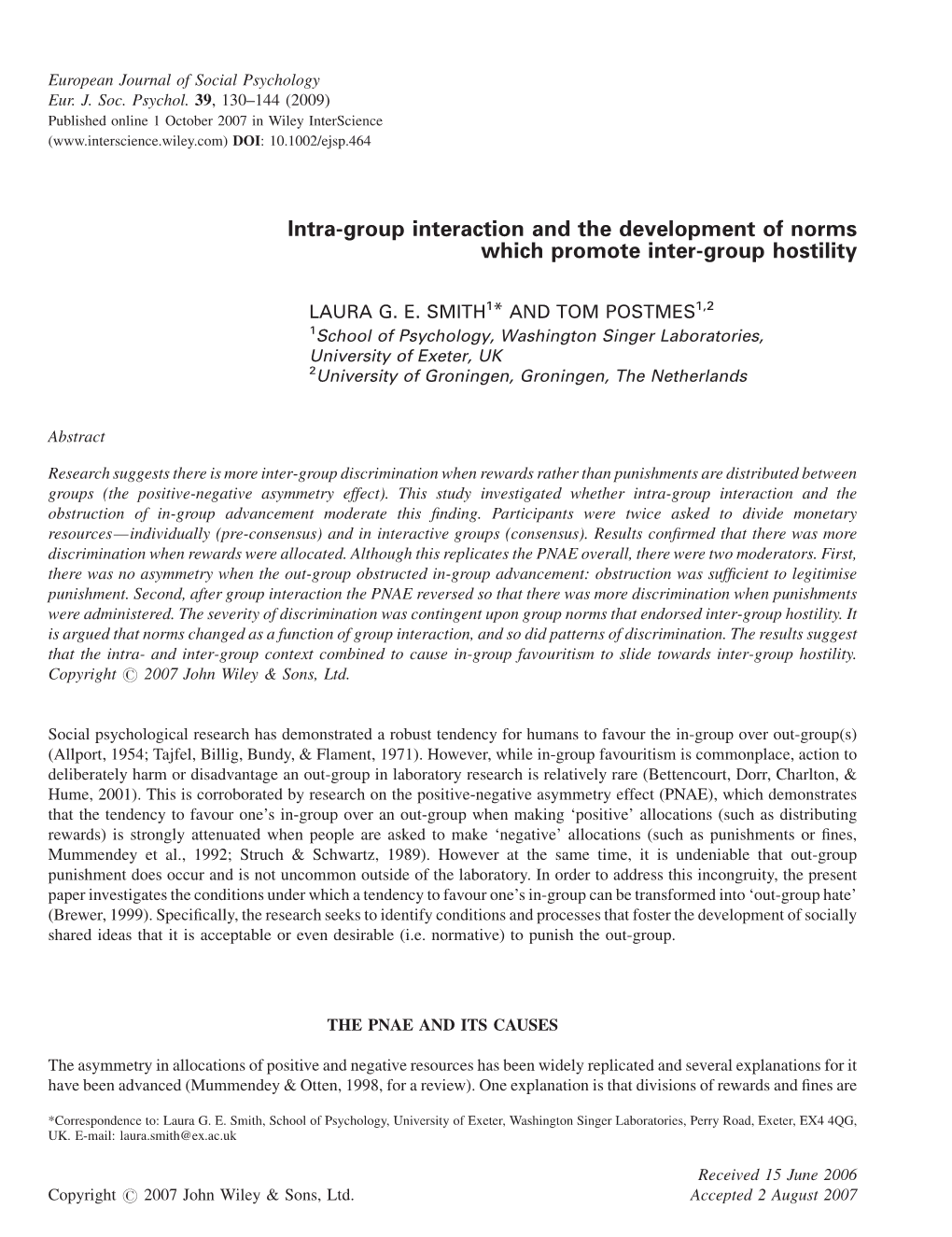 Intra-Group Interaction and the Development of Norms Which Promote Inter-Group Hostility