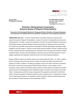 Dominion Voting Systems Corporation Acquires Assets of Sequoia Voting Systems