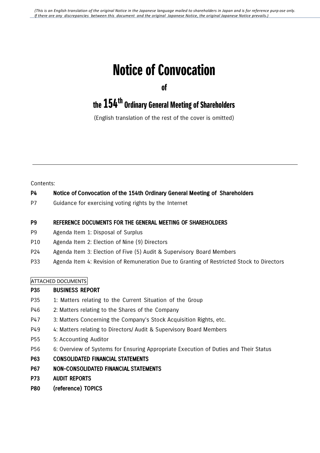 Notice of Convocation of the 154Th Ordinary General Meeting of Shareholders (English Translation of the Rest of the Cover Is Omitted)