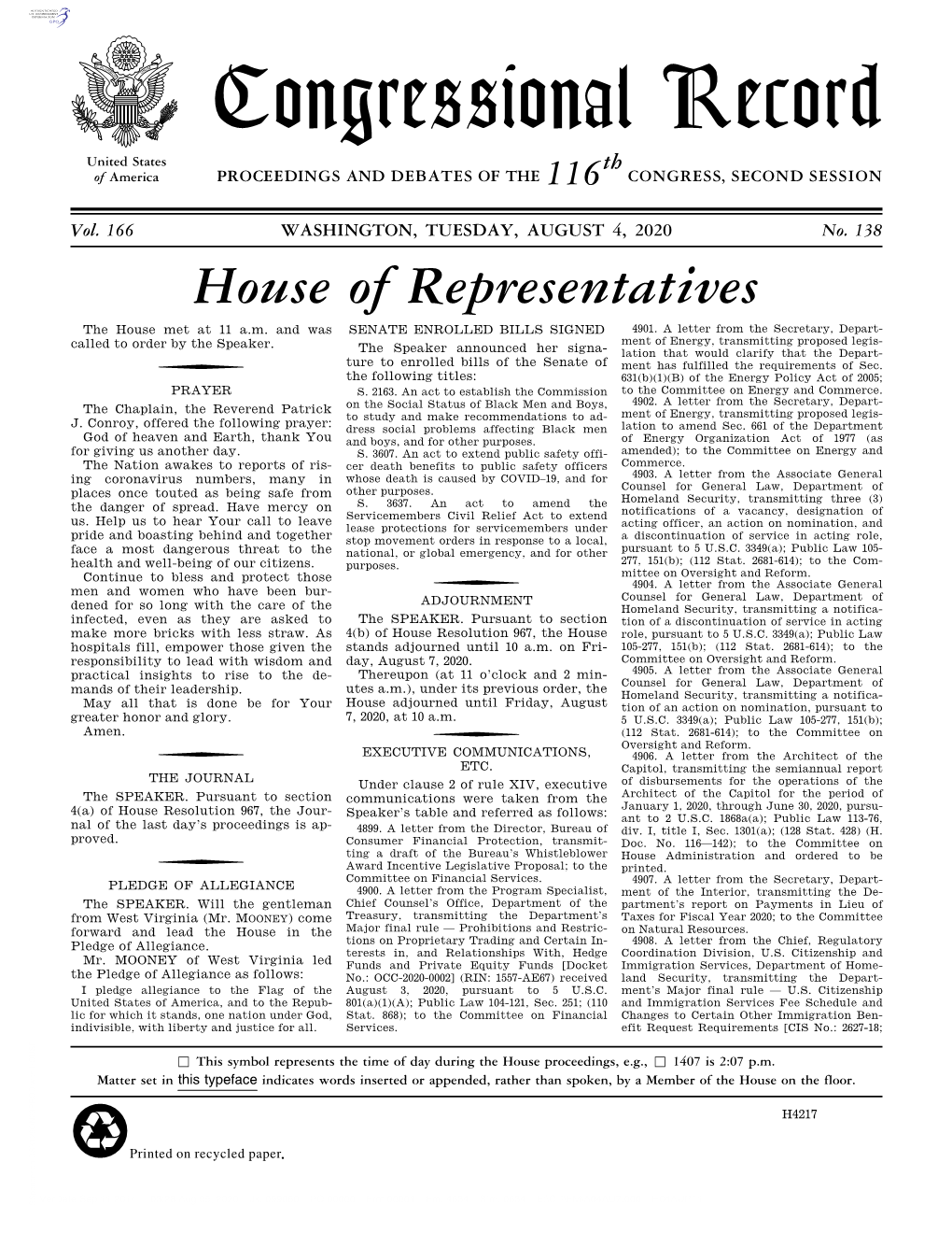 Congressional Record United States Th of America PROCEEDINGS and DEBATES of the 116 CONGRESS, SECOND SESSION