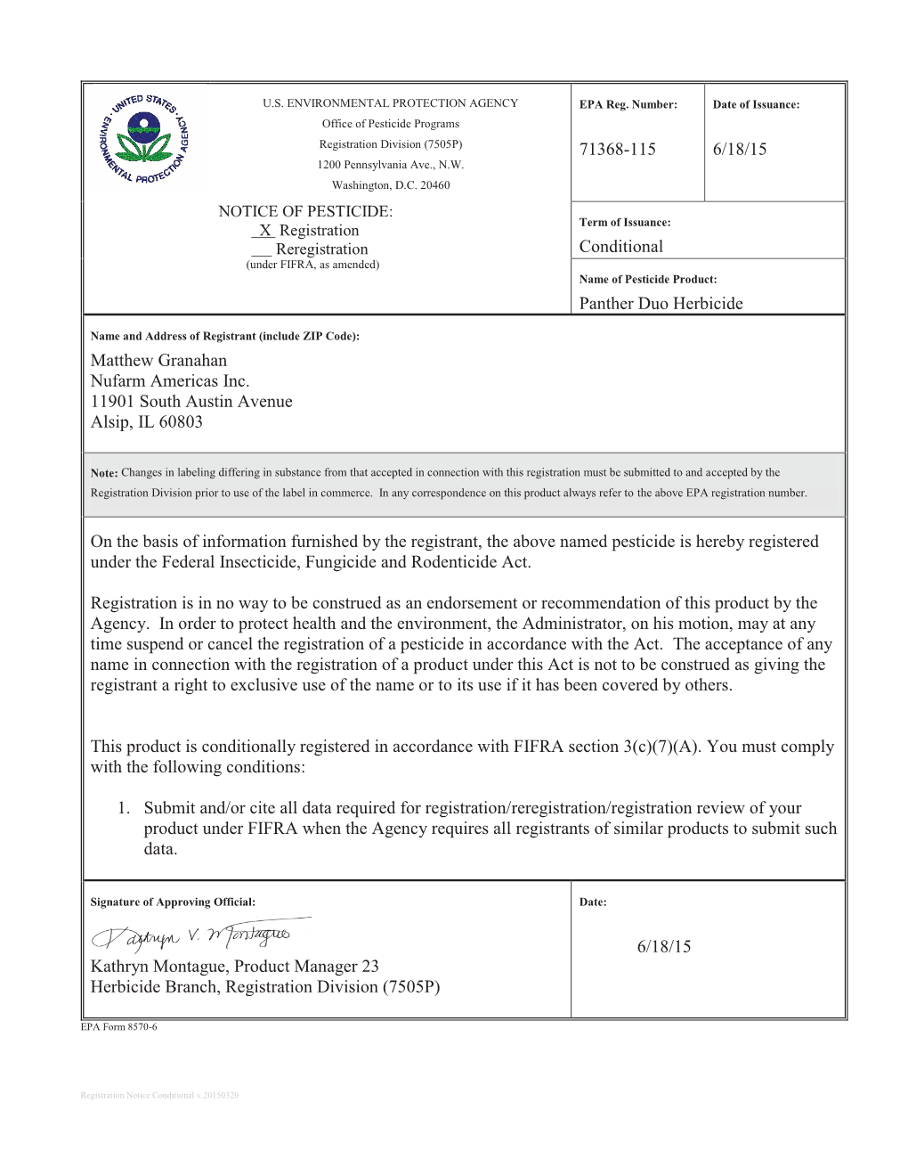 US EPA, Pesticide Product Label, Panther Duo Herbicide,06/18/2015