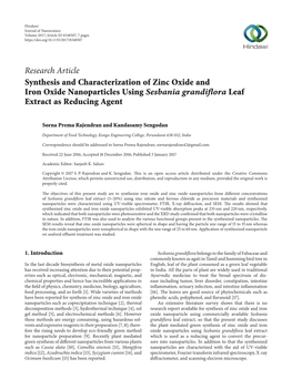 Research Article Synthesis and Characterization of Zinc Oxide and Iron Oxide Nanoparticles Using Sesbania Grandiflora Leaf Extract As Reducing Agent